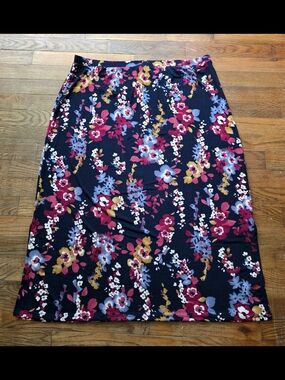 Jaclyn Smith Navy Floral Midi Skirt with Pink, Blue & Mustard Accents